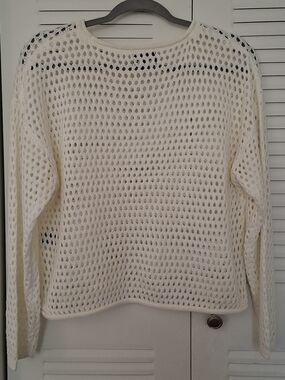 Women's Cream Open-Weave Crewneck Sweater